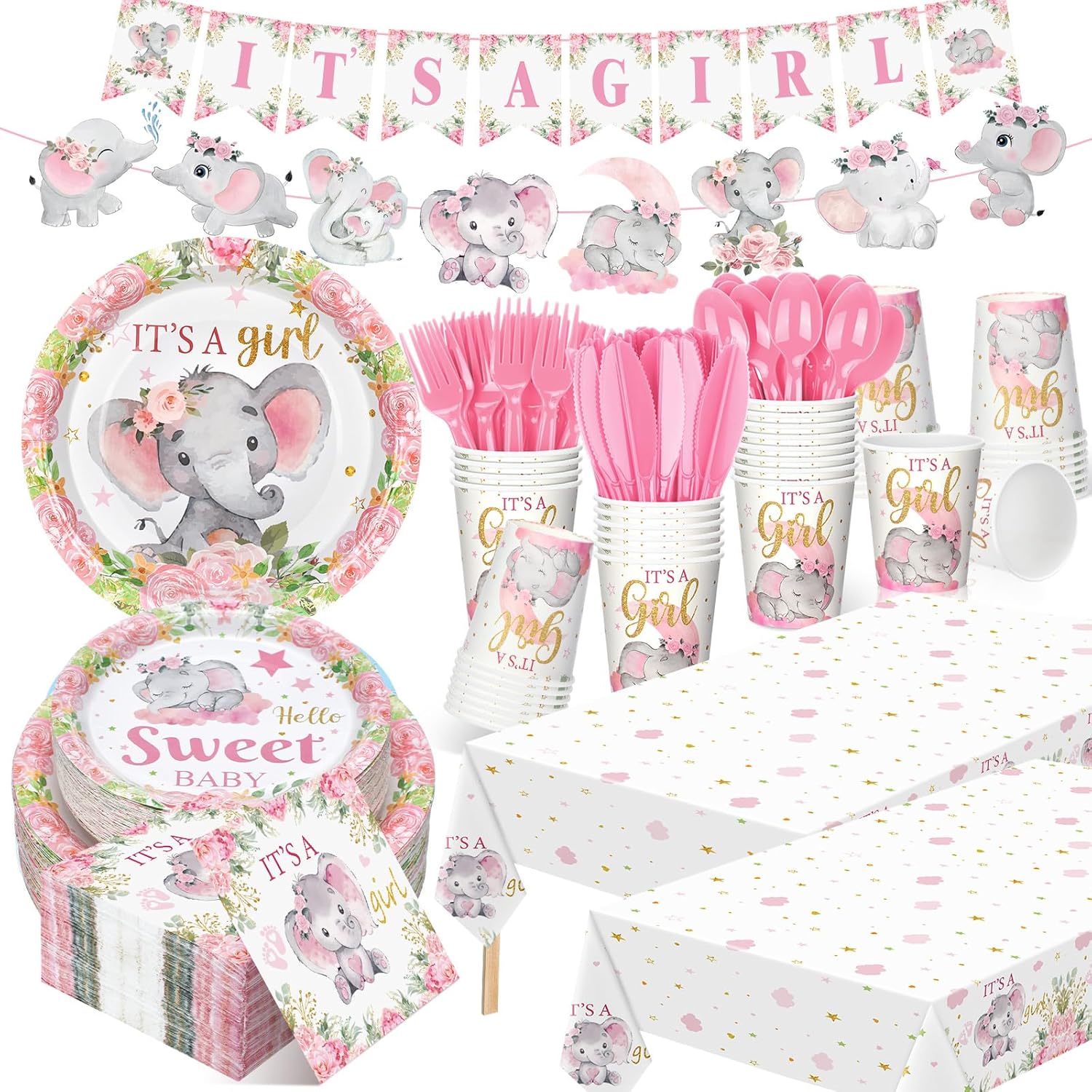405 Pcs Pink Elephant Themed Baby Shower Tableware Set It's a Girl Pink Elephant Decoration Baby Shower Plates and Napkins Birthday Supplies Include Tablecloth Banner Cup for 50 Guests