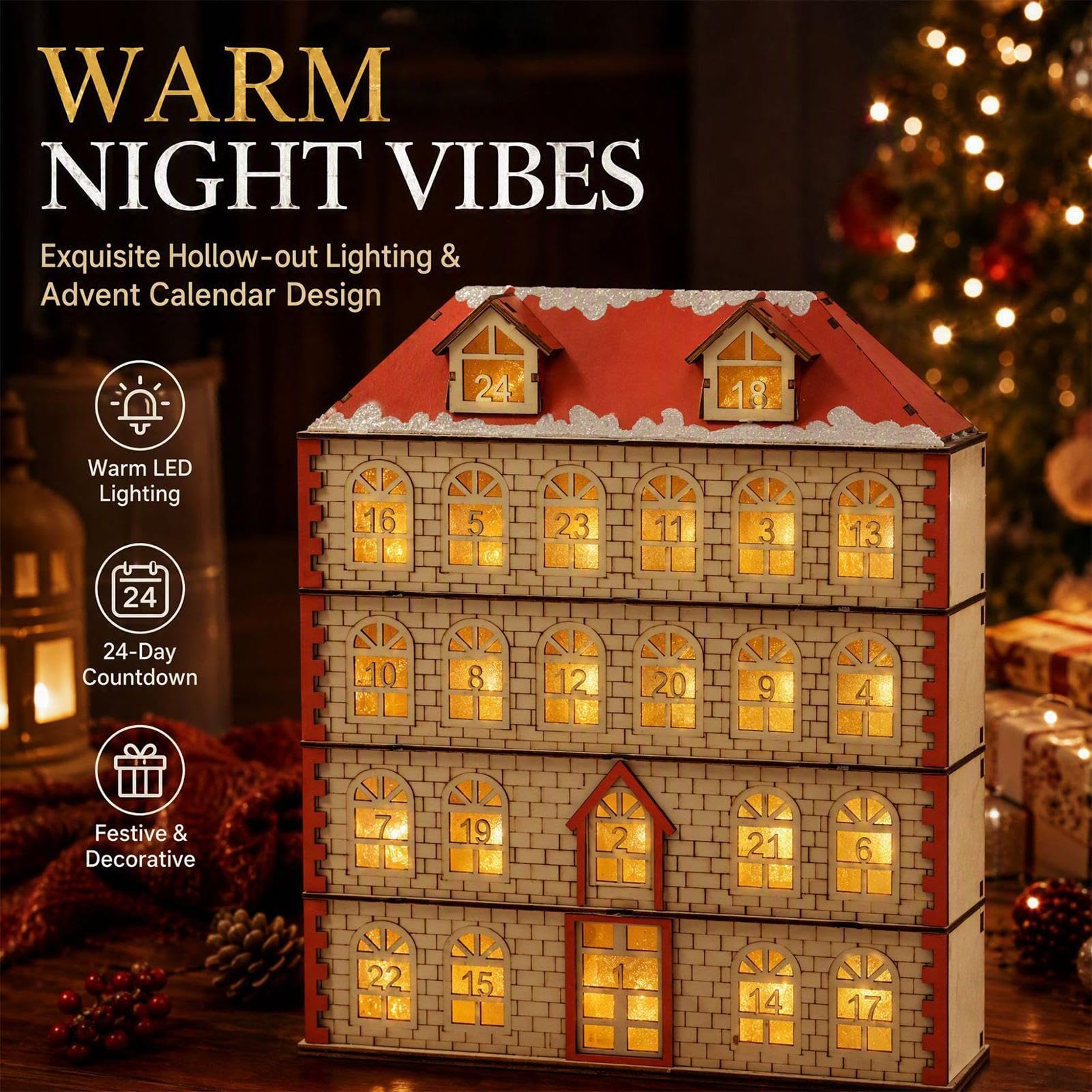 Calendrier de l'Avent en bois Décor de maison LED avec 24 tiroirs