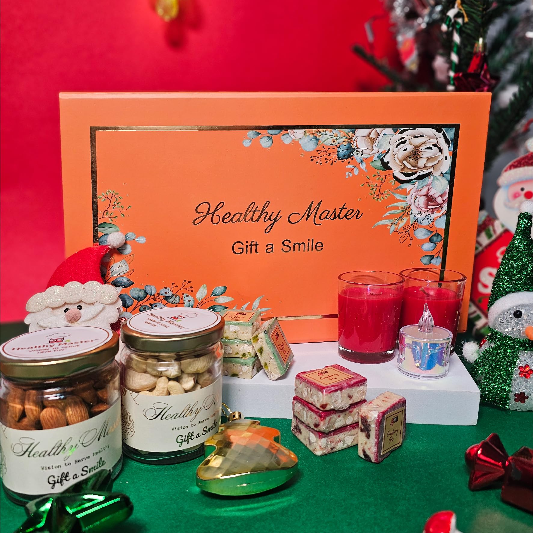 Healthy Master Christmas Craving Box of 14 | Premium Christmas Gift Box | Square Chocolates(8Pcs), Almonds, Cashew, Candle, Plastic light Candle, Dry Fruits | Xmas Gift Hamper for Loved Ones | Corporate Gift Hamper | Festive Healthy Treats
