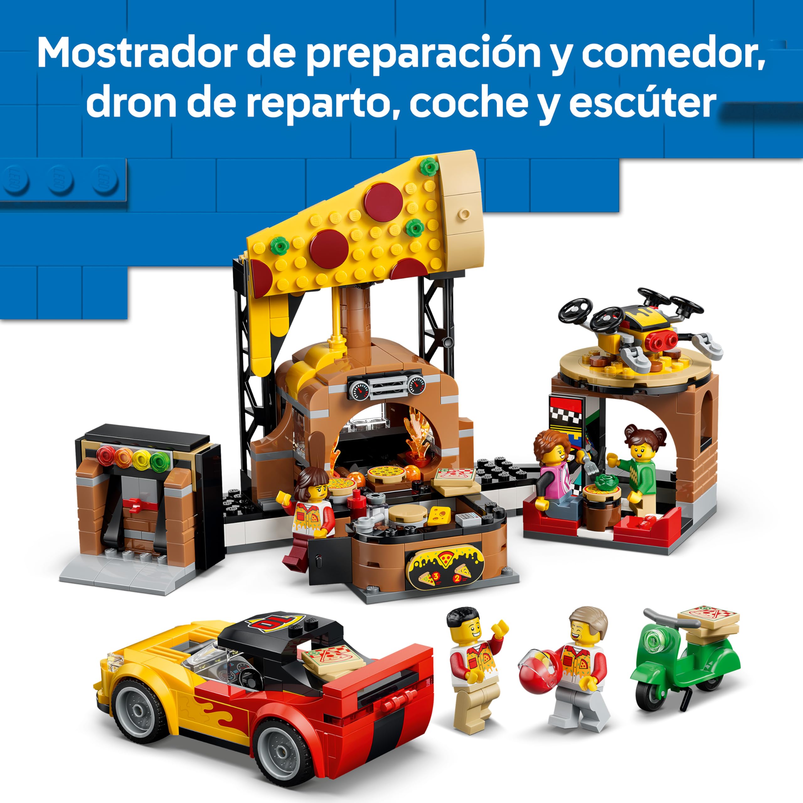 LEGO City Experiencia de Pizza a Domicilio con Vehículos – Coche, Moto y Dron de Juguete, Comida, Máquina Recreativa y 4 Minifiguras – Regalo de Cumpleaños para Niños de 6+ Años – 60496