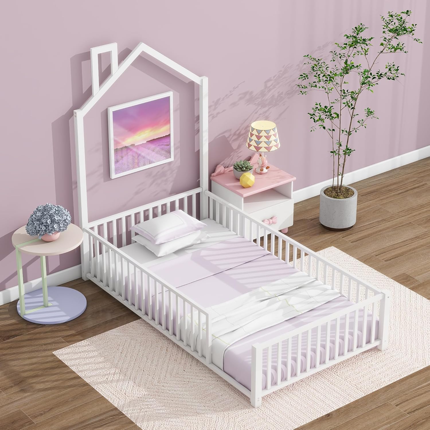 Bellemave Twin House Floor Bed with Full-Length Guardrails, Metal Montessori Bed Frame with House-Shaped Headboard and Gate Door for Girls Boys, White