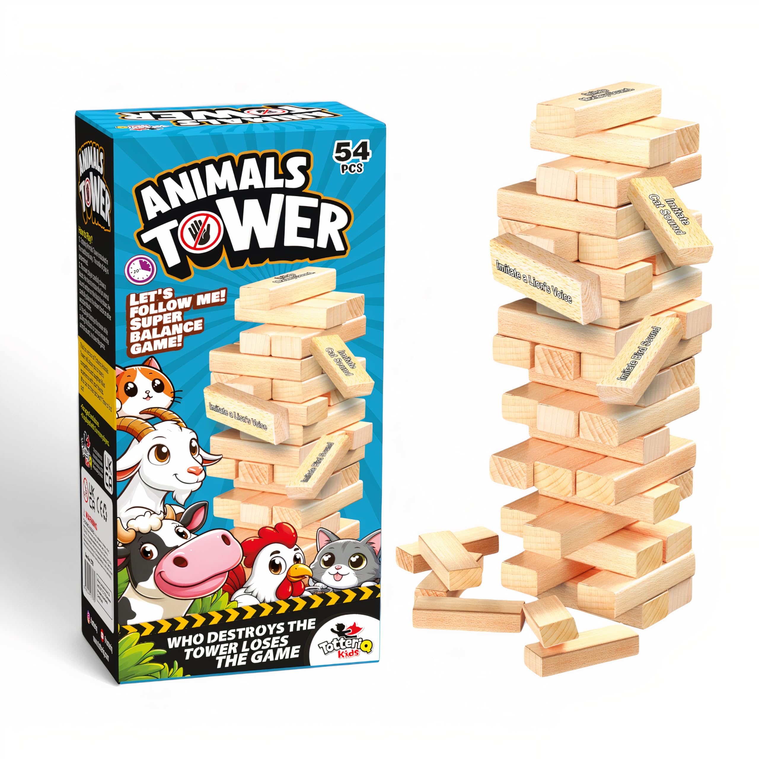 Totteriq Animal Tower Game  54-Piece Wooden Tumbling Blocks for Kids & Families, Fun Stacking Game with Animal Sounds, Educational Toy for Boys And Girls Ages 5 Plus, Safe And Durable Party Game