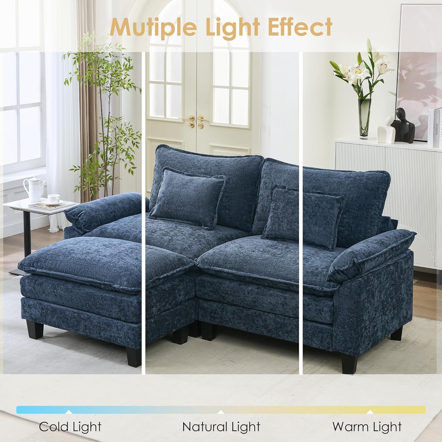 URRED Cloud Couch Modular Sectional Sofa, 87" Modern L Shaped Deep Seat Sofa with Ottoman & Pillows, Ultra Comfy Chenille Couches for Living Room, Bedroom or Apartment, Blue