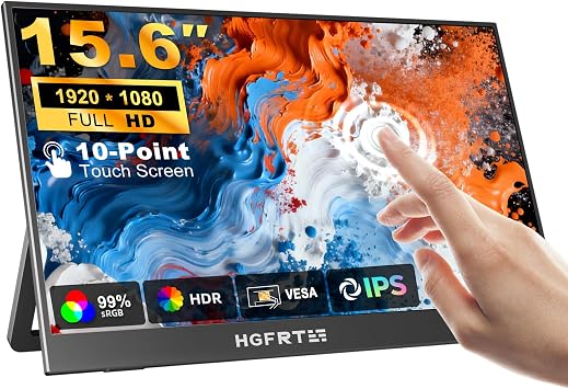 Portable Monitor Touchscreen 15.6", 1920x1080 60Hz FHD IPS HDR 10-Point Touch Screen Monitor with Built-in Stand & Speaker, HDMI USB C VESA External Travel Monitors for Laptop, PC, Mac, Phone