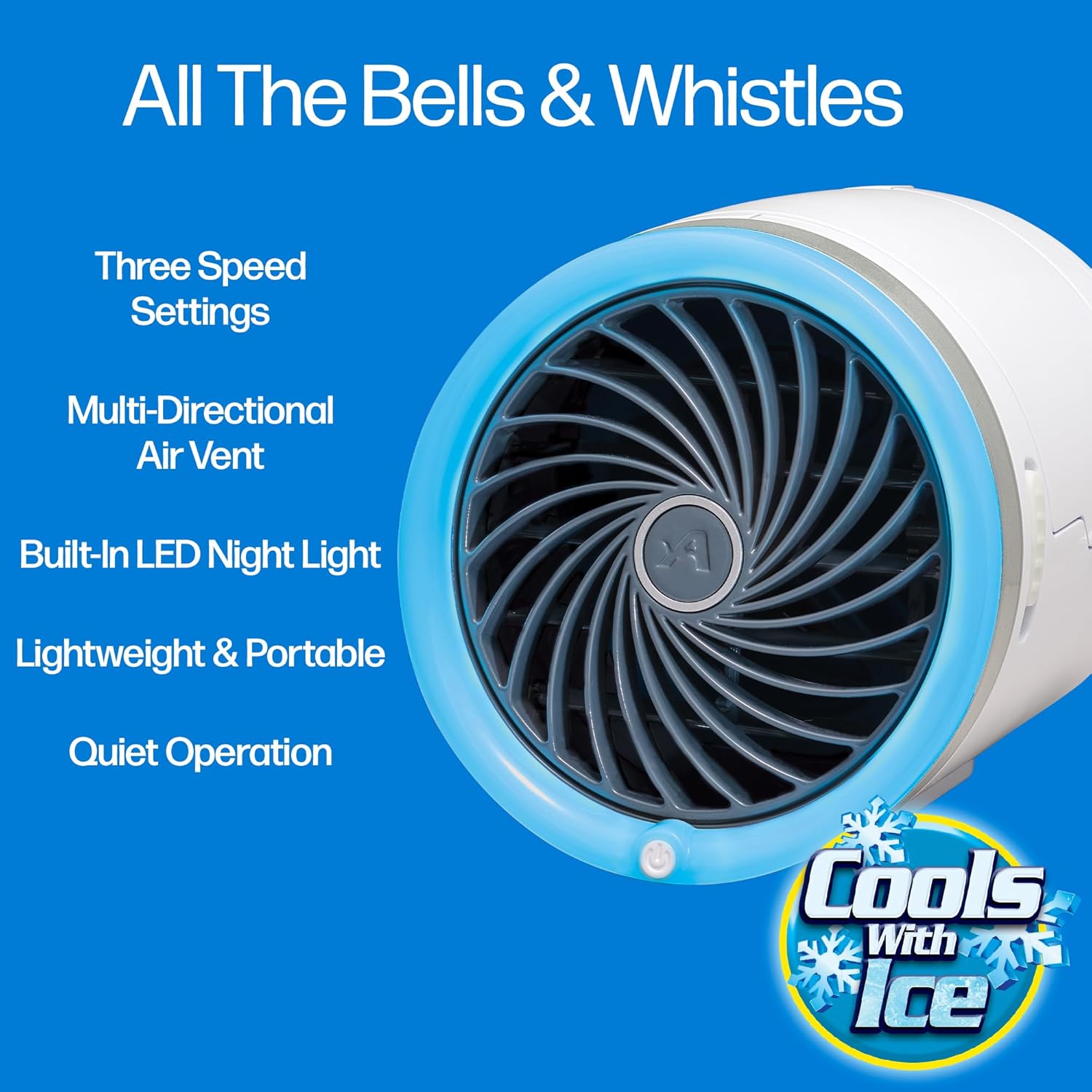 Arctic Air Ice Jet Personal Air Cooler, 3-Speed Room Cooler with Reusable Ice Packs, Portable Cooler with Multi-Directional Vent & 7 LED Lights, Whisper-Quiet Air Cooler for Room