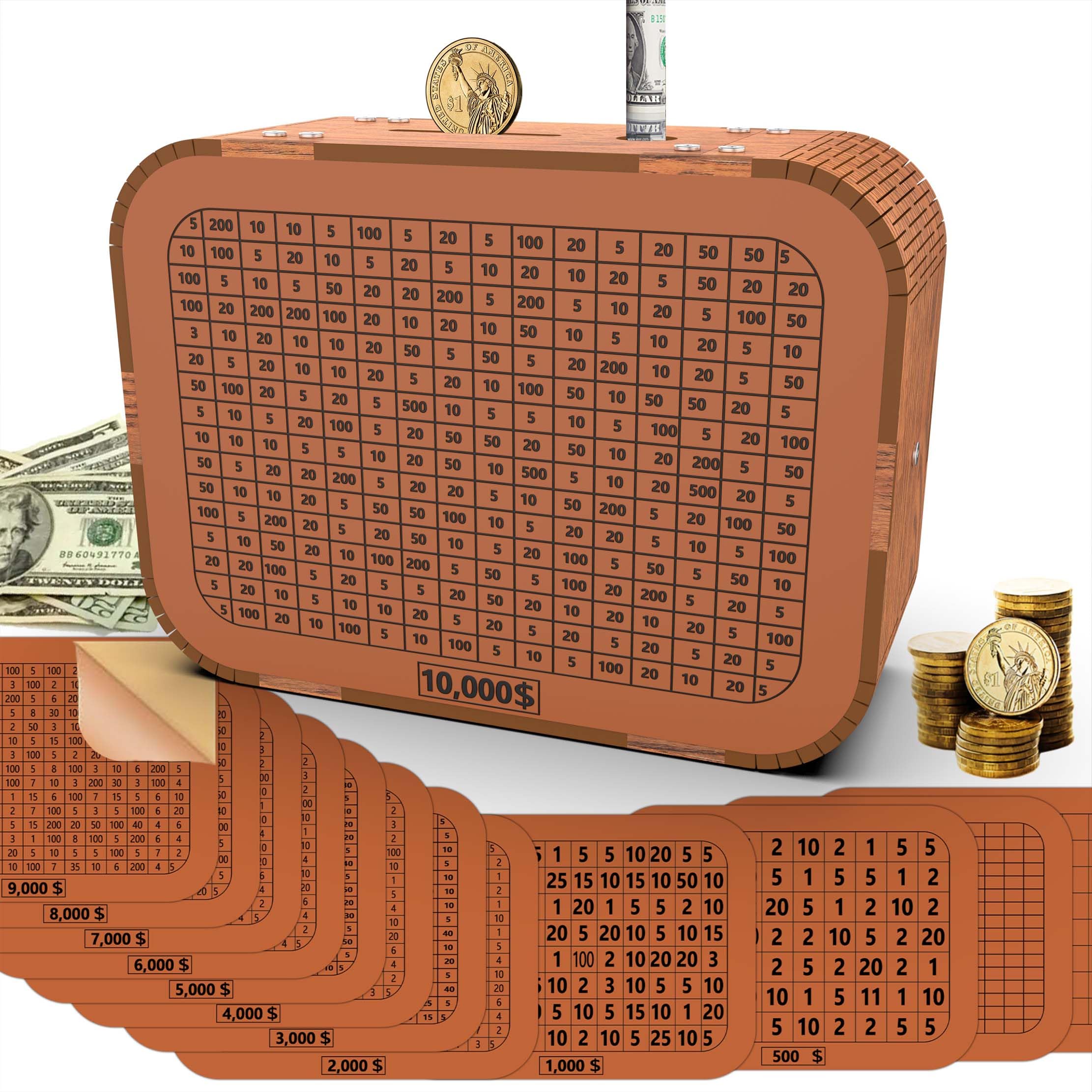 Money Saving Box, Cash Vault Wooden Savings Challenge Box for 10,000 5000 3000 1000 Dollar Target, DIY Puzzle Cash Saver Box Reusable Money Box with