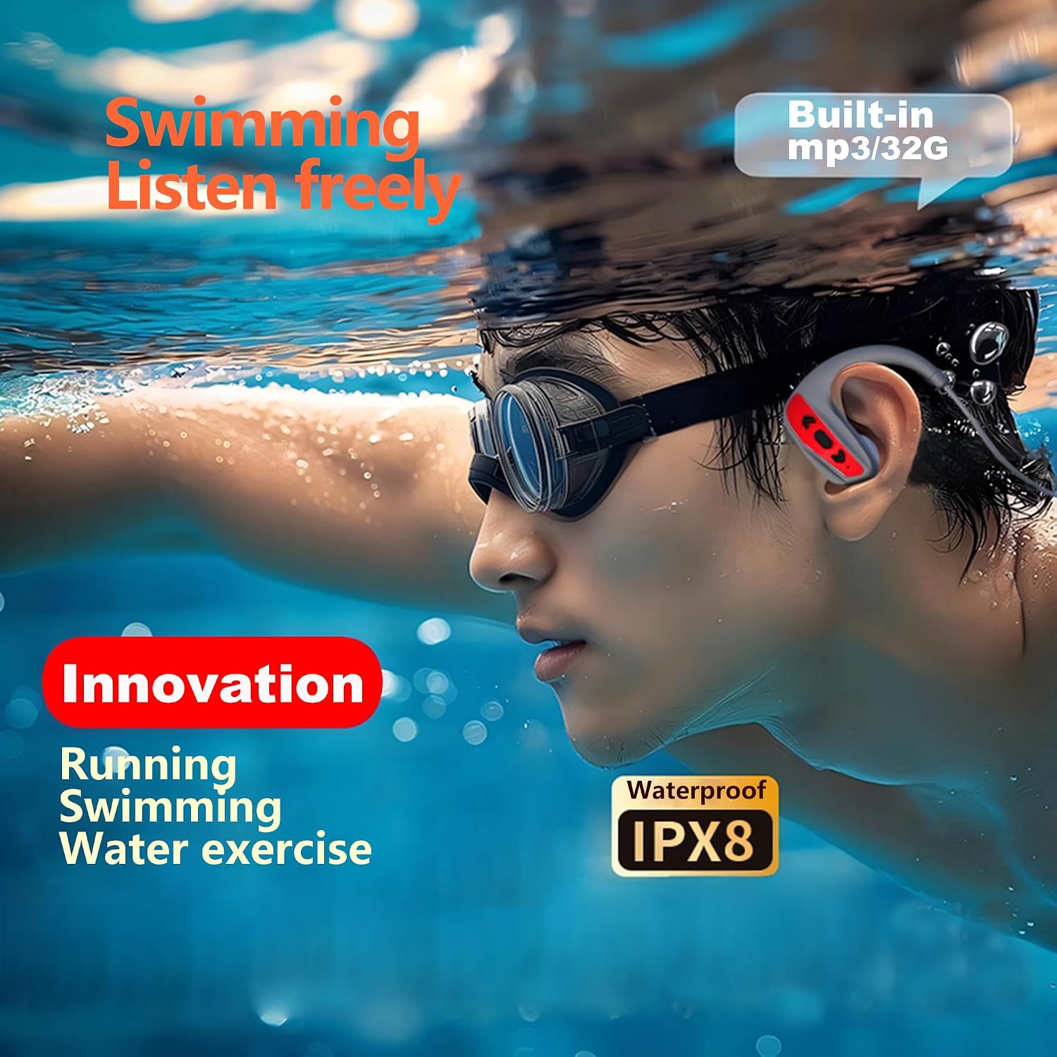 Swimming Headphone Underwater Waterproof ipx8 2 Colors red Blue 32G MP3 Player,in Ear no Falling, for Running Diving Cycling Hiking Gym Spa Other Sports(red)