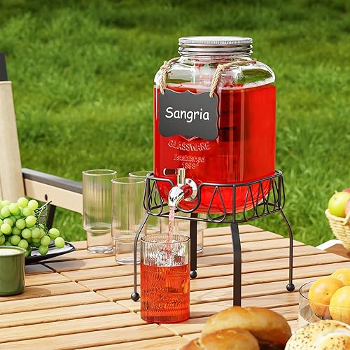 Miniatura 6 de OneDream Dispensador de bebidas de vidrio para fiestas, dispensador de bebidas de 1 galón con soporte, dispensador de limonada con espita de acero