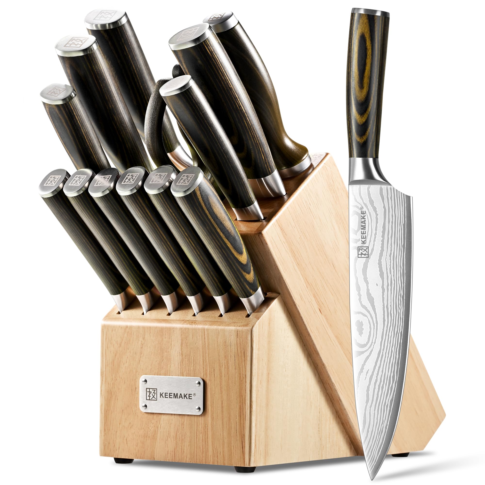 KEEMAKE 14 Piece Kitchen Knife Set with Wood Block