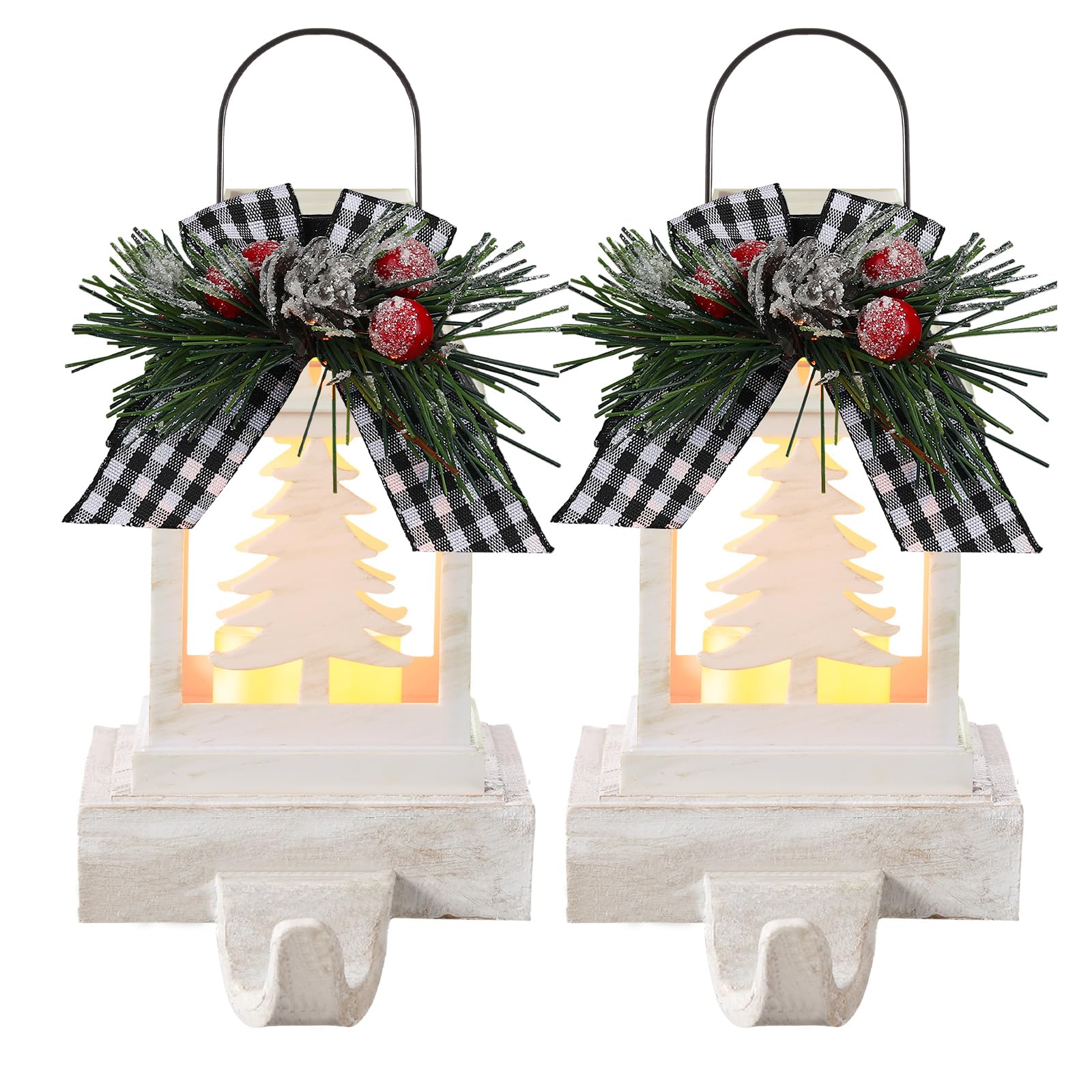 Therwen 2 Pcs Christmas Stocking Holders Lantern Christmas Stocking Hangers for Mantel Xmas Hooks Decorative Retro Light up Holders for Home Indoor Outdoor Decor(Xmas Tree,White)
