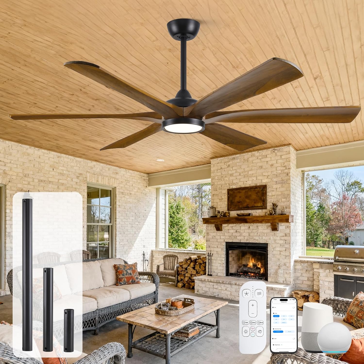72 Inch Outdoor Ceiling Fan with Light for Patio, Smart Alexa/APP/Remote Control, 6 Brown Wood Blades Damp Rated, Large Airflow Quiet Reversible DC Motor, for Indoor Covered Exterior Farmhouse Bedroom