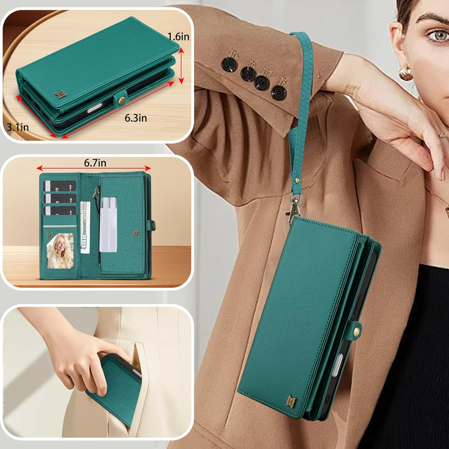 for Wallet Case Compatible with iPhone 17 Pro,Multi-Function Detachable 2 in 1 Magnetic iPhone 17 Pro Case Wallet,Flip Strap Zipper Card Holder Phone Case with Shoulder Straps (Green) - Image 7