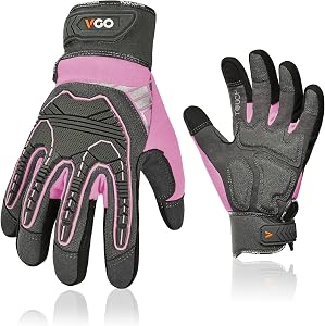 Vgo... Heavy Duty Synthetic Leather Work Gloves Women,Impact Protection Mechanic Gloves,Vibration Reduction,Touchscreen