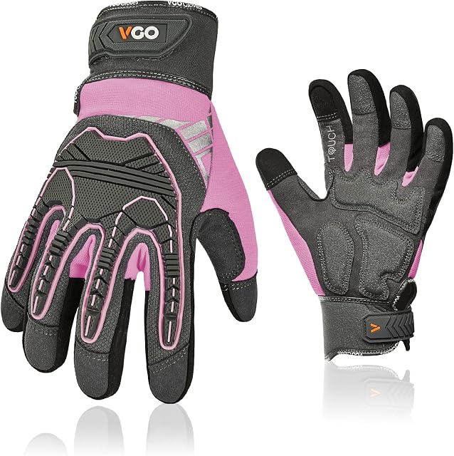 Vgo... Heavy Duty Synthetic Leather Work Gloves Women,Impact Protection Mechanic Gloves,Vibration Reduction,Touchscreen