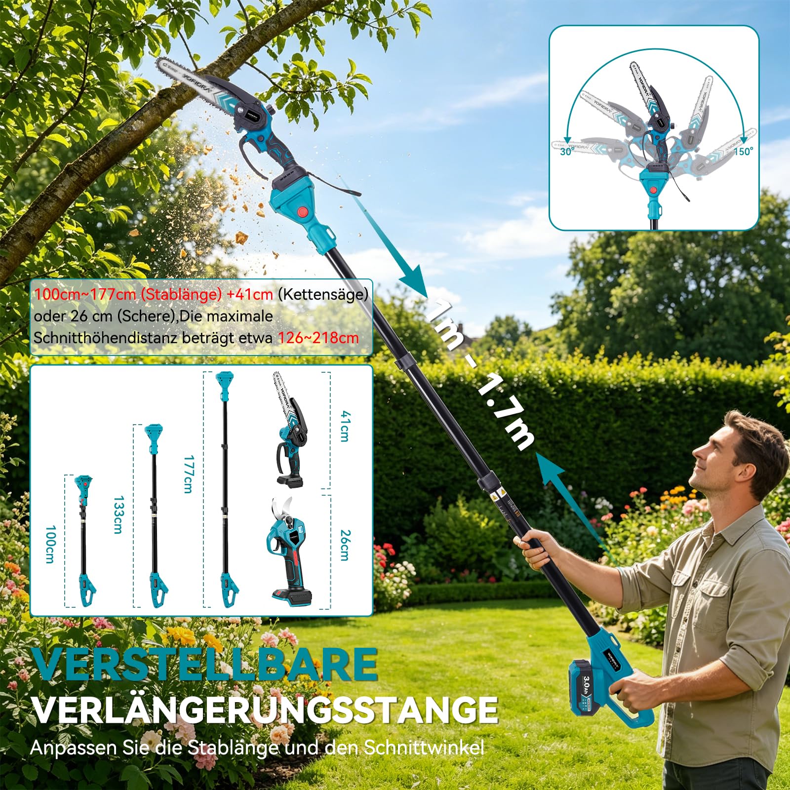 Yofidra 8 Zoll Elektrische Kettensäge mit Teleskopstange & 30mm Elektrische Astschere, Hochentaster Akku mit 2x3000mAh Akkus, 4-in-1 Gartenwerkzeug Set, Max. Reichweite bis 4,2m, blau