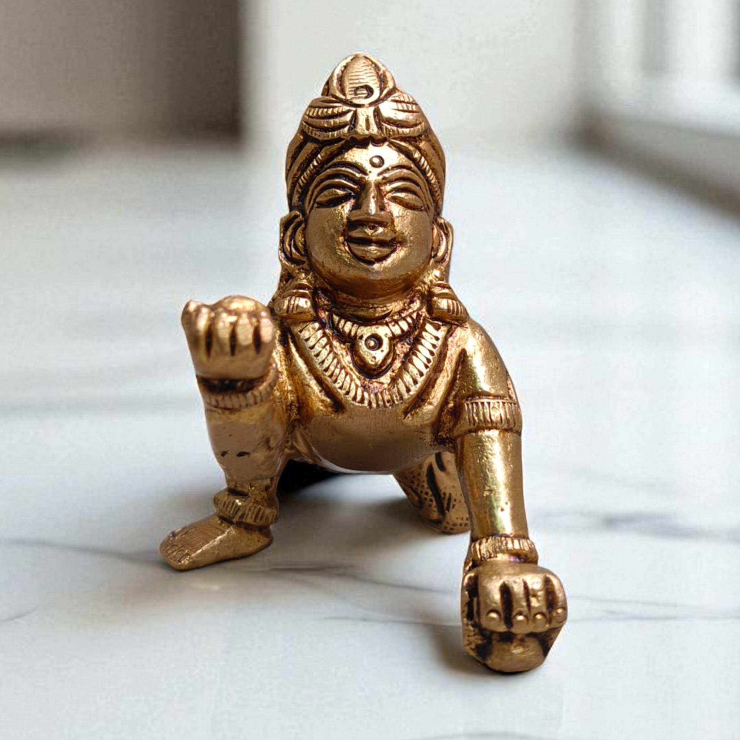 Brass Laddu Gopal Idol 2.25" (150g) | Baby Krishna Thakur Ji Murti | Lord Bal Gopal Infant Statue for Janmashtami | Hindu God Idol for Home Puja, Temple, or Gifting