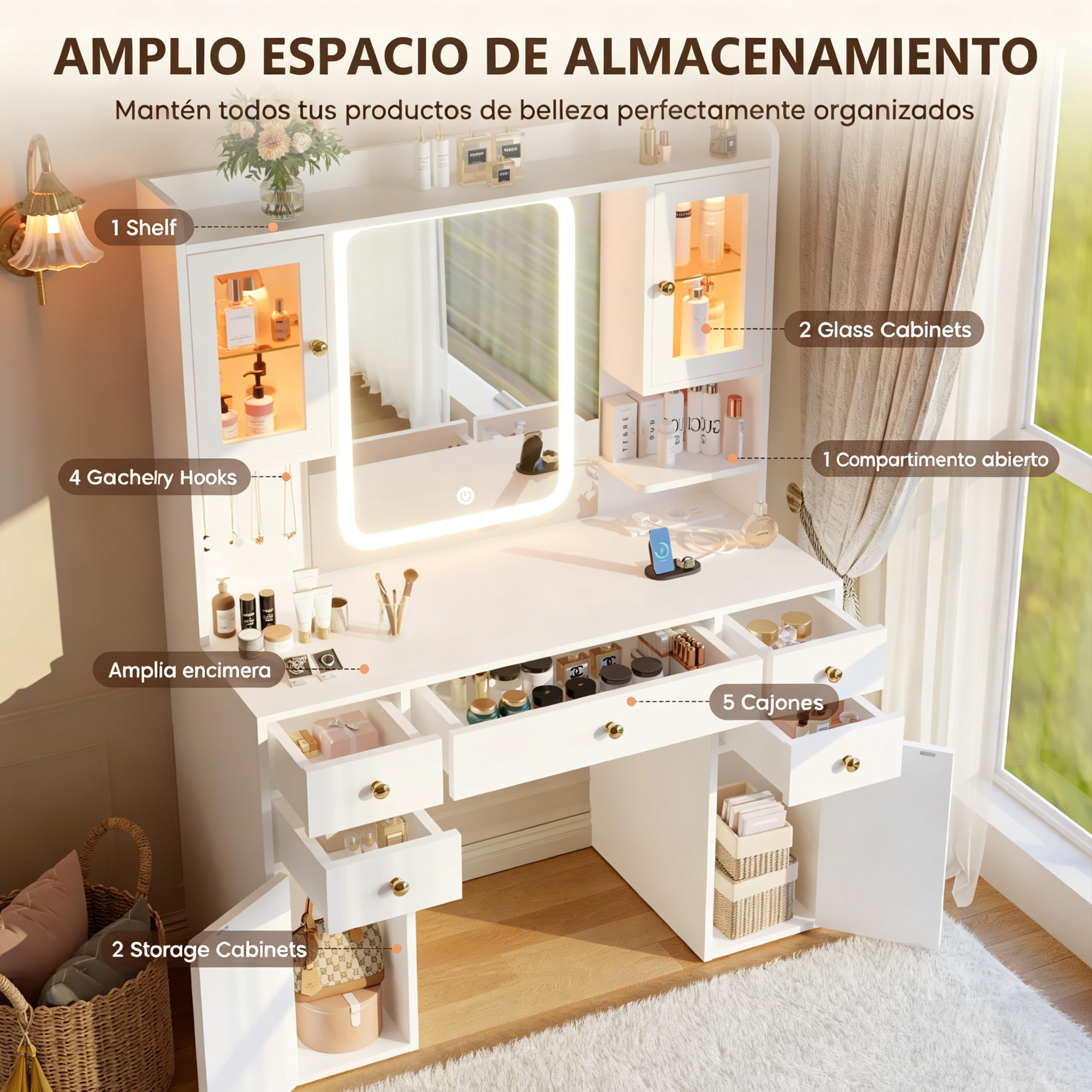 YOUDENOVA Tocador Maquillaje con Espejo LED, Tocador Grande con 2 Vitrinas RGB, 7 Cajones, Organizador de Joyas, Iluminación Regulable, Enchufes y USB Integrados, Mesa de Maquillaje Moderna, Blanco