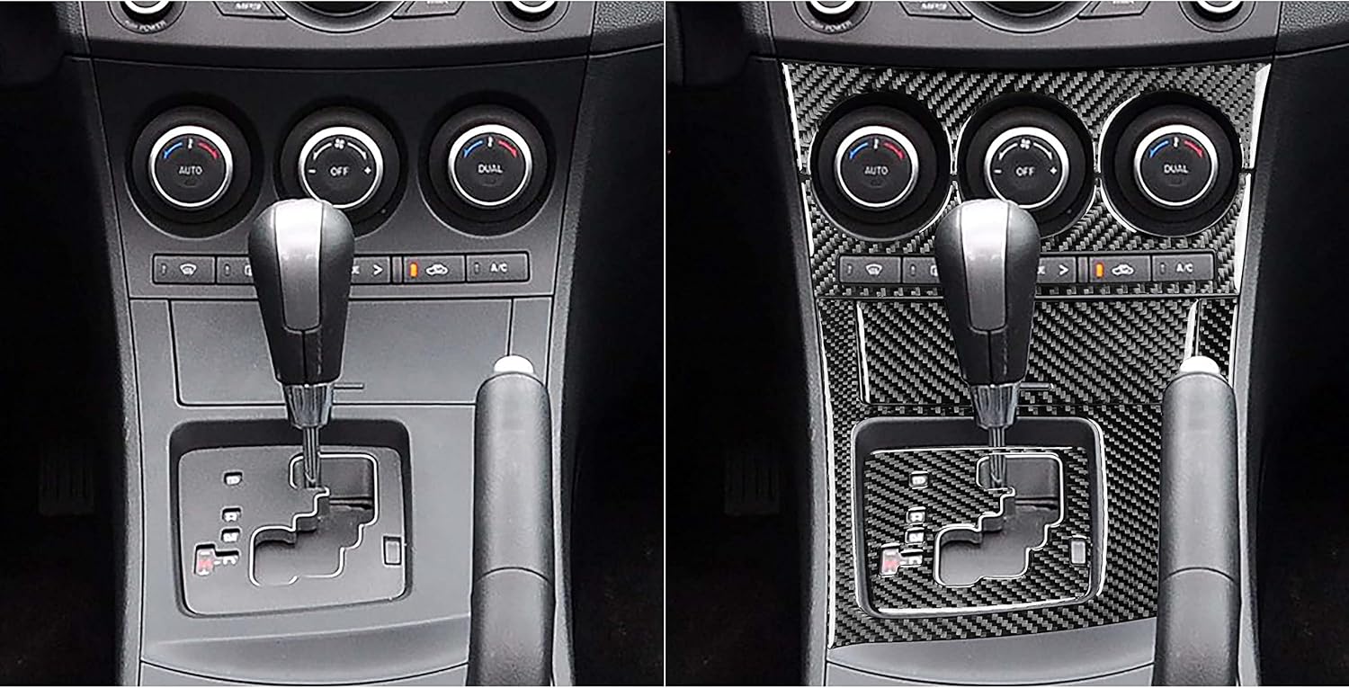 Real Carbon Fiber Center Air Condition Frame Gear Shift Set Cigarette Lighter Panel Decal Accessories Interior Trim Sticker Cover Compatible with Mazda 3 Axela 2010-2013 Mazdaspeed 3 Black- A - Kit