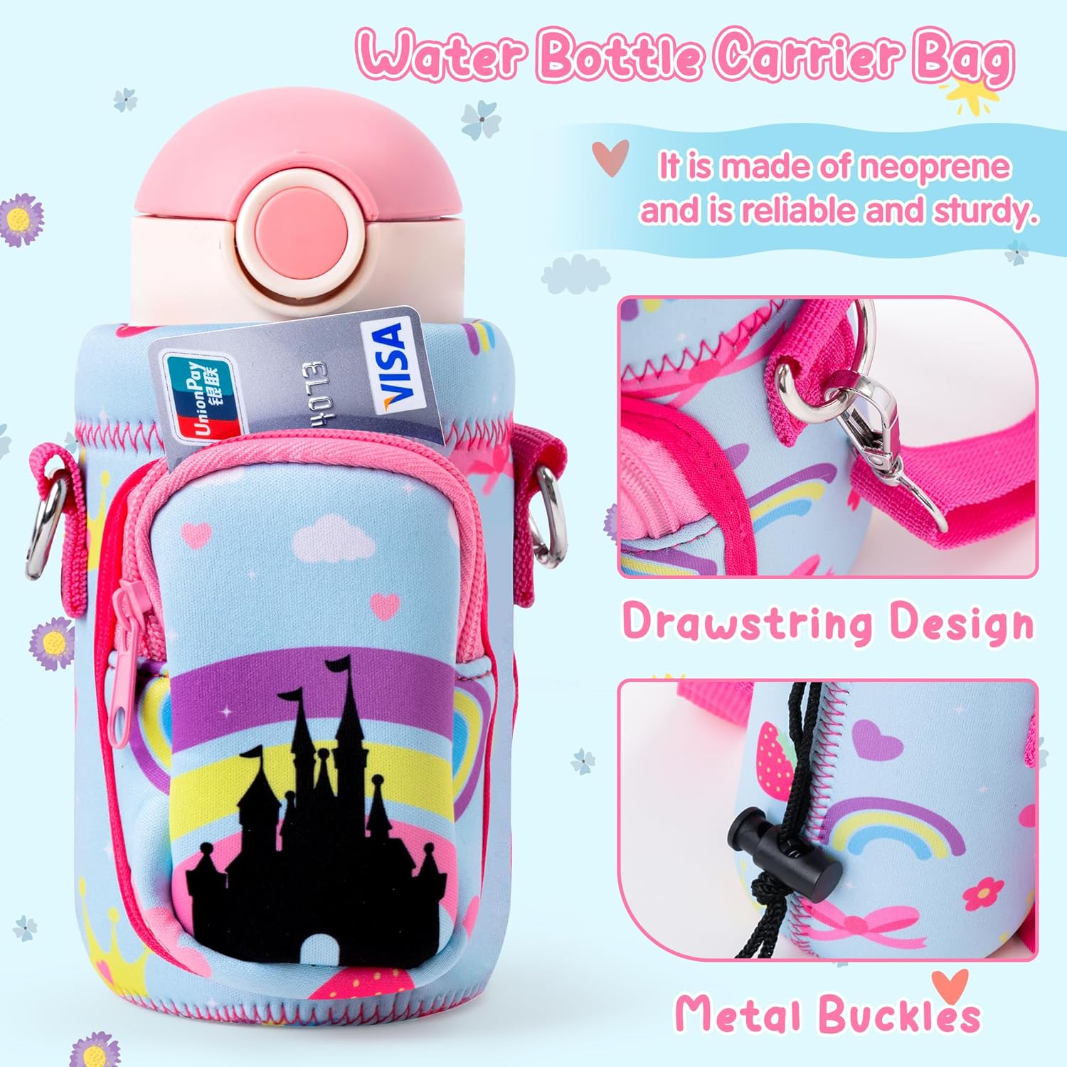 Water Bottle Carrier Bag with Strap for Kids - Water Bottle Bag Holder with Padded Strap Pocket 10/12/14/16/18Oz for Boys Girls School Walking Hiking Camping - Image 3