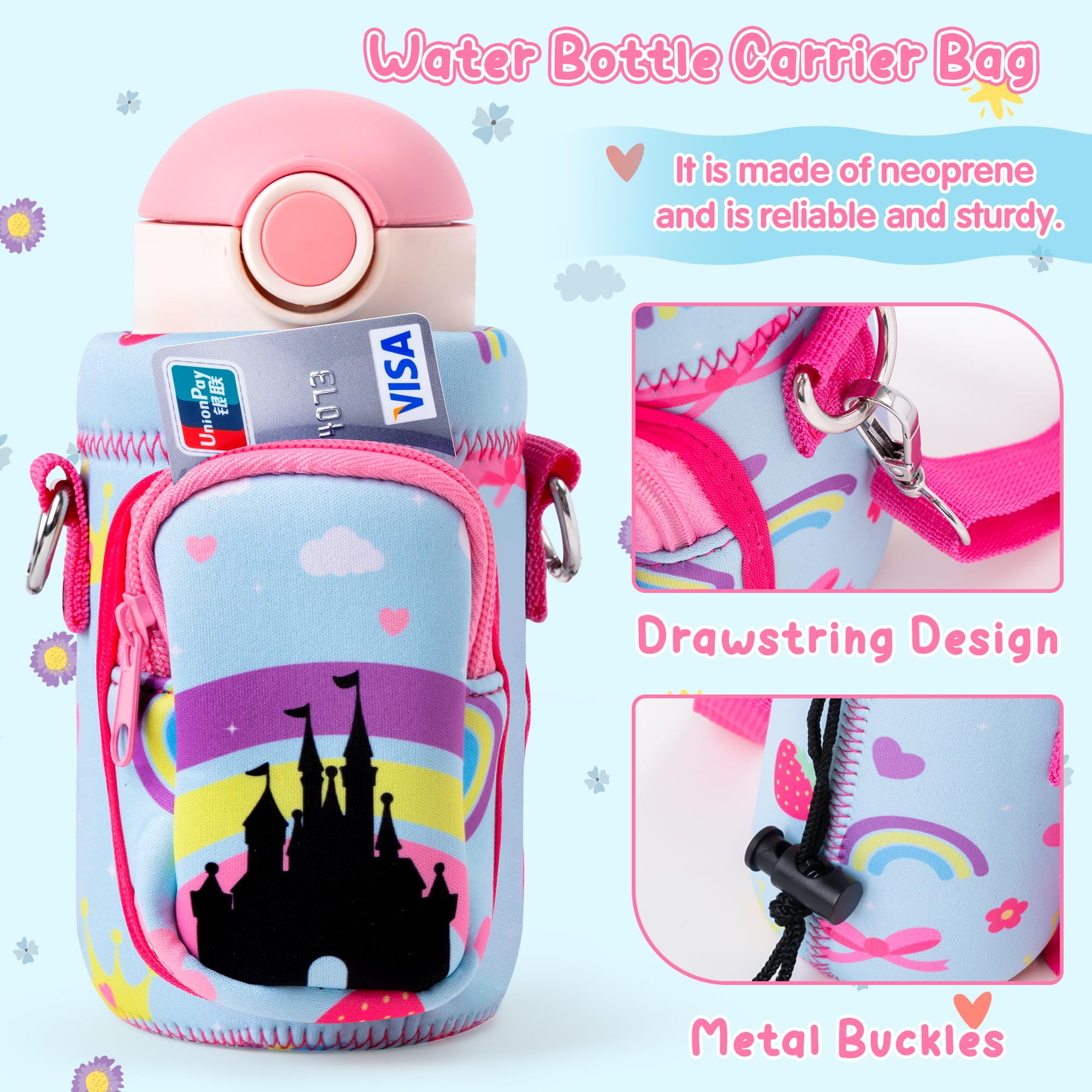 2OOYA Princess Castle Water Bottle Carrier Bag for Girls, Cute Castle Water Bottle Holder with Padded Strap Pocket - Image 3