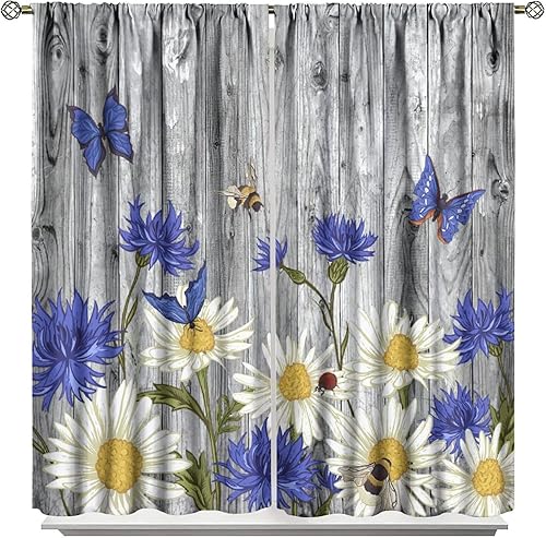 Miniatura 42 de Cortinas rústicas de cocina de granja, margaritas florales de granja de primavera, cortinas opacas de madera retro con bolsillo para barra, cortinas