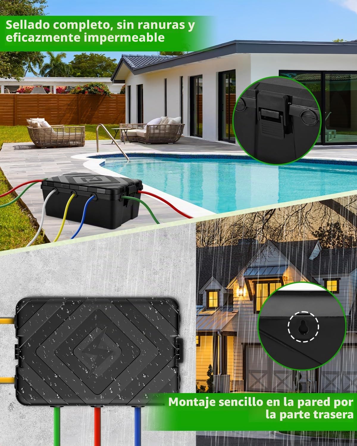 IP54 Caja de cables impermeable grande 32 x 22 x 13 cm, resistente al agua, 7 entradas de cable, caja eléctrica para proteger enchufe, cable de extensión, enchufe de jardín, luz de vacaciones