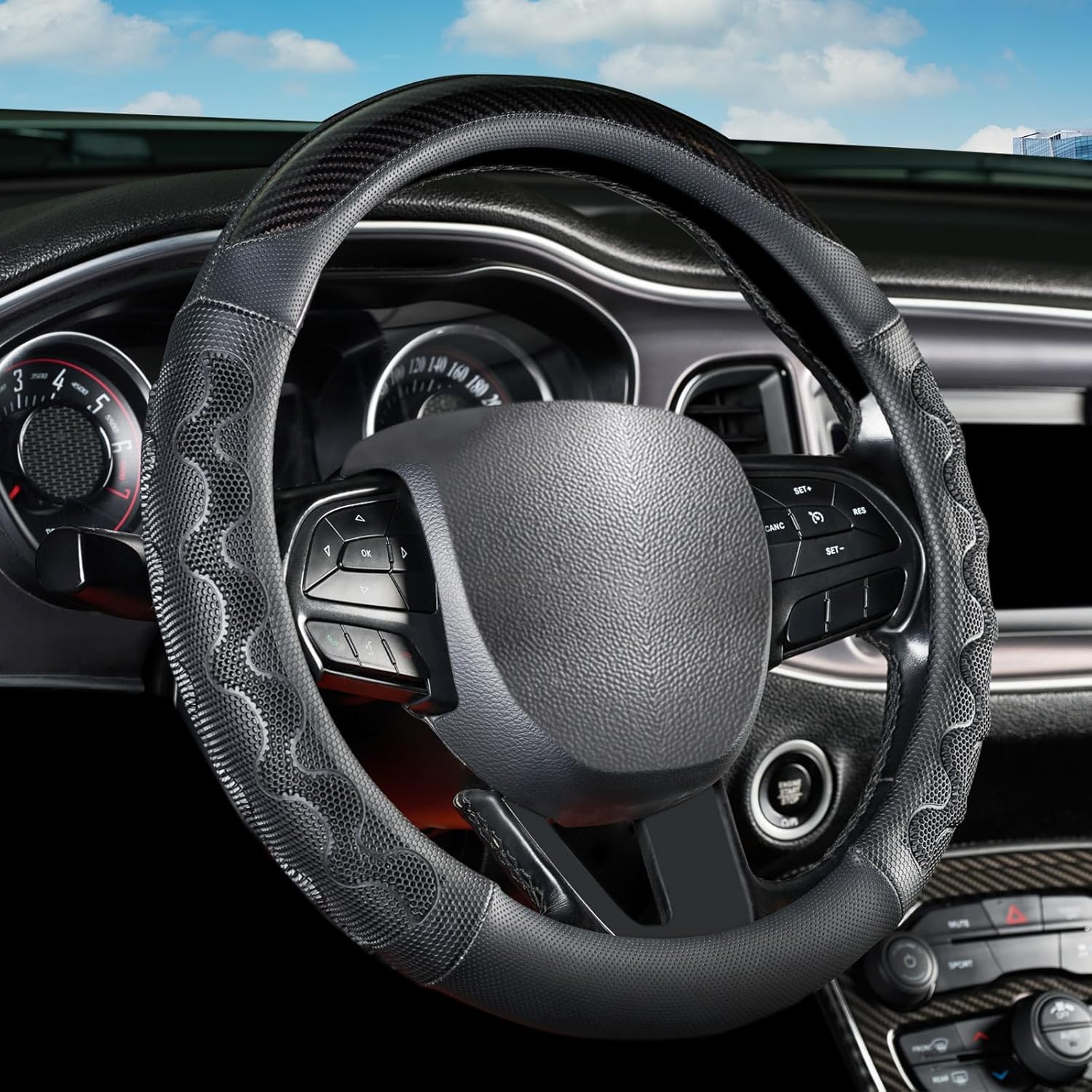 Black Leather Steering Wheel Cover with Studded Design, 14.5-15 Inch Universal Fit, Anti-Slip Breathable Durable Car Wheel Protector for SUV Truck