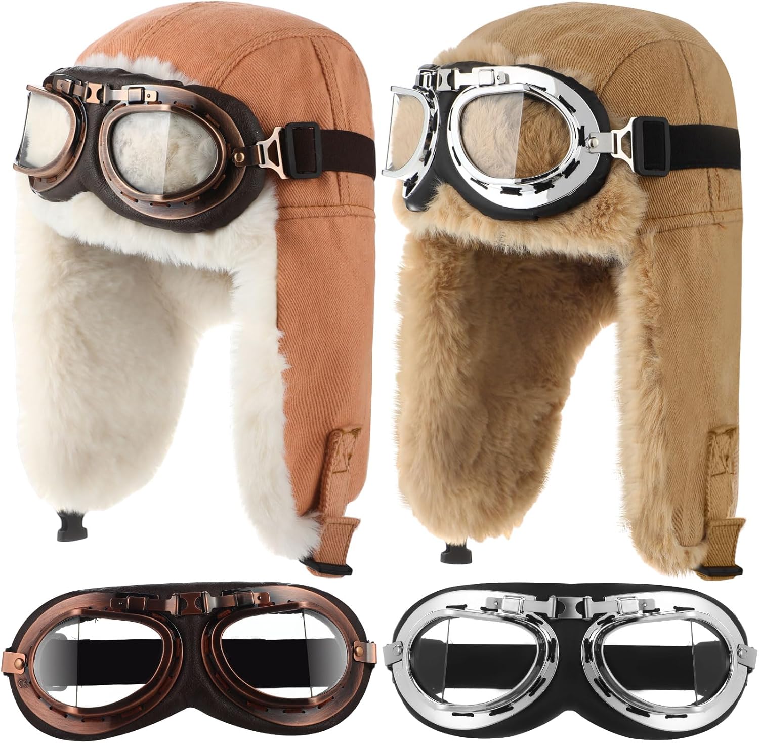 Cozypower 2 Sets Pilot Hat and Goggles Pilot Cap Vintage Flight Costume Accessories Winter Hat with Earflaps for Men Women