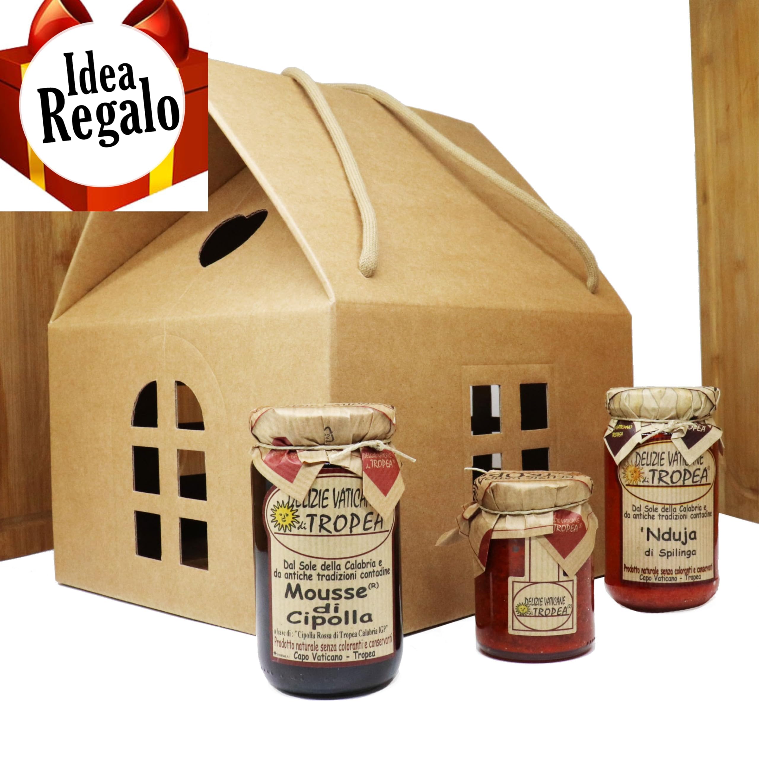 Kit Regalo Preferiti della Calabria 7 pezzi: Nduja, Mousse di Cipolla, Crema Peperoncino, Taralli, Fileja, Peperoncino e Origano - Idea Regalo Degustazione - Delizie Vaticane di Tropea