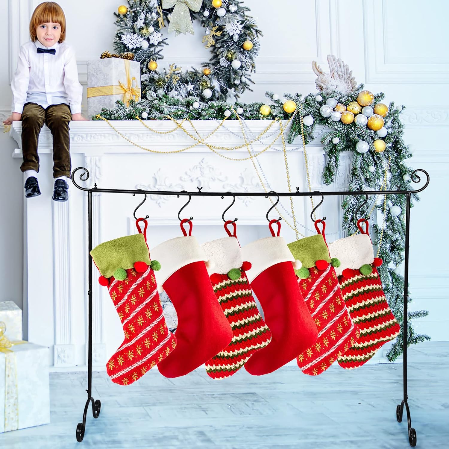 Sosation Christmas Stocking Holder Stand with 6 Hook Extra Large Freestanding Stocking Hanger Rack for Floor Metal Holiday Decor Xmas Stocking Ornament Hanger Display for Home, 41 "W x 35.3 "H