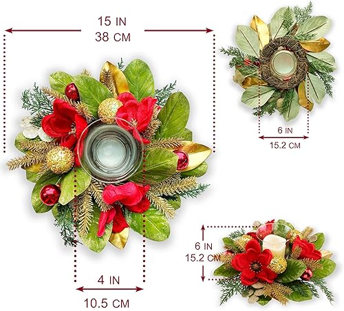Miniatura 4 de Centro de mesa de 18 pulgadas con portavelas LED sin llama, diseño con magnolia artificial roja, bolas doradas y ramas de abeto para decoración
