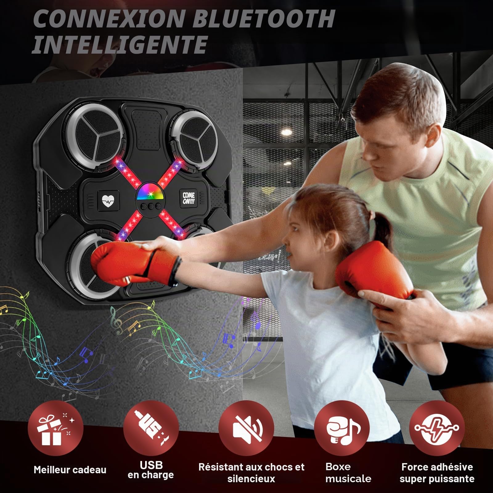 Machine de boxe musicale WingFly, 3 niveaux de vitesse, gants de boxe inclus, lumières LED, pour enfants et adultes