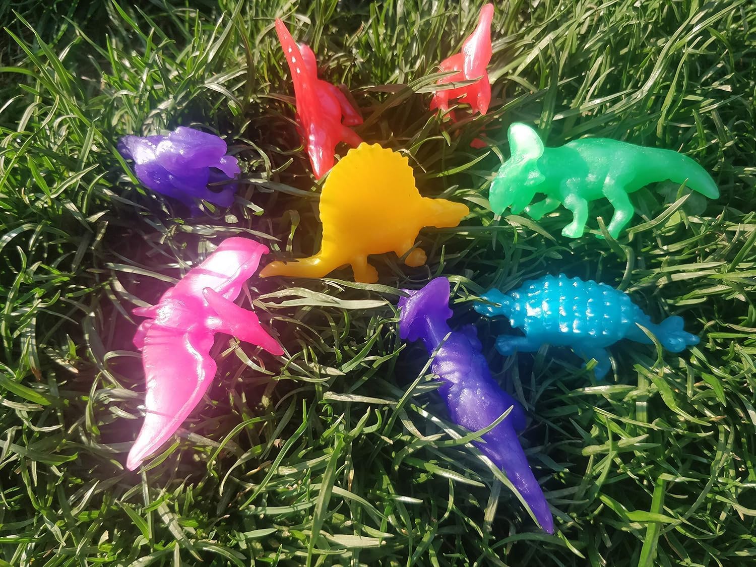 UpBrands 48 Stretchy Dinosaurs Toys 2 1/2 Inches Bulk Set, 8 Glitter Colors, Kit for Birthday Party Favors for Kids, Goodie Bags, Easter Egg Basket Stuffers, Pinata Filler, Students Rewards