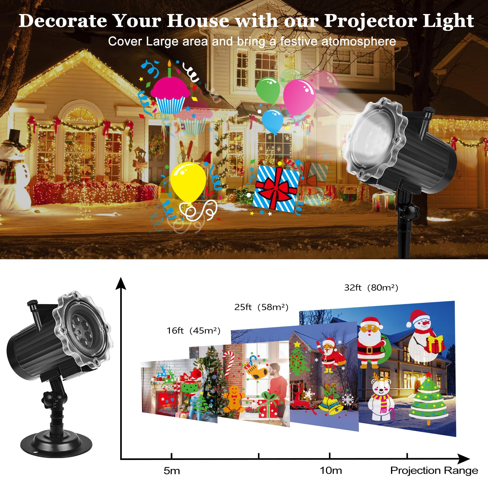 Proyector Navidad Exterior, Proyector Luces Navidad Exterior de 16 Diapositivas, Proyector Navidad con Control Remoto, para Regalos, Fiestas, Boda Exterior,Interior