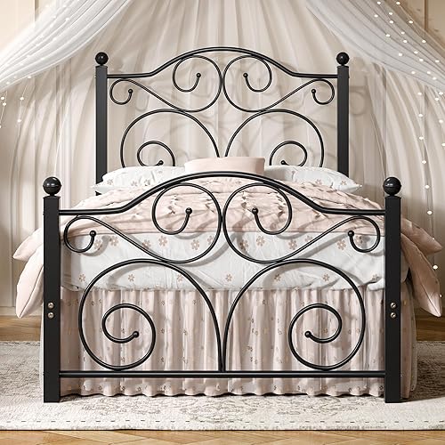 Miniatura 23 de VECELO Base de cama tamaño individual con cabecero y estribo, soporte de listones de metal resistente, base de colchón de plataforma, no necesita