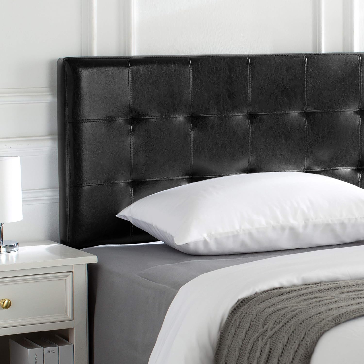 Amazon Basics Modern Tufted Vinyl Upholstered Headboard - Queen, Black