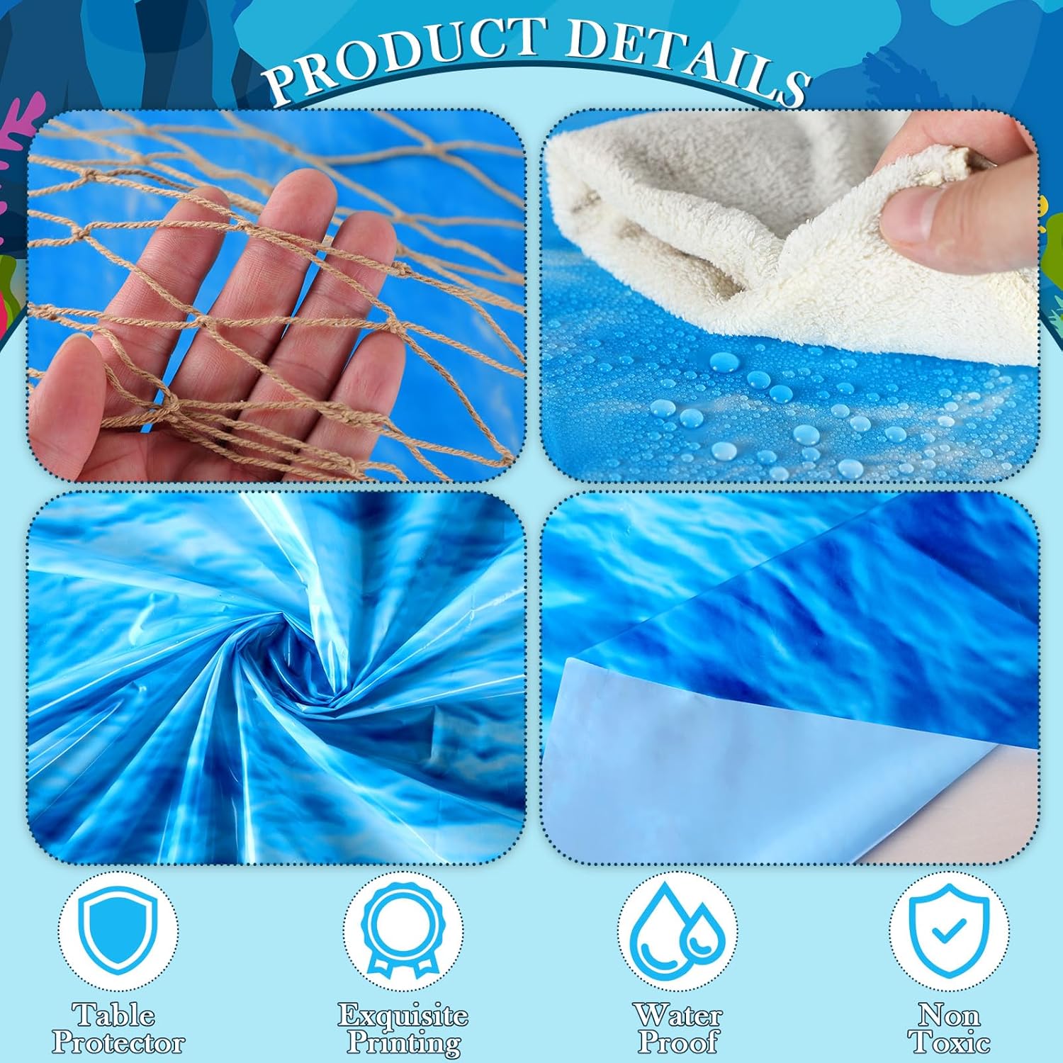 Oudain 12 Pcs Ocean Waves Plastic Round Tablecloth 84 Inch with Fish Net Decorative Waterproof Water Tablecloth Sea Theme Picnic Table Cover for Ocean Theme Birthday Party (Colorful)