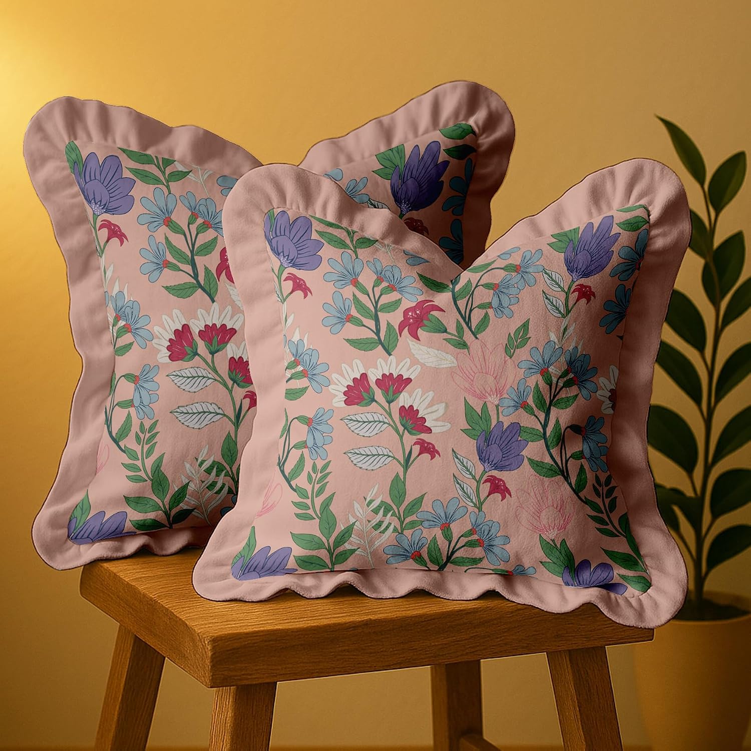 Farmhouse Style Frill Pillow Covers 16x16 Cotton Cushion Covers Set of 2, Floral Pattern, Double Side Printed, Zipper Closure
