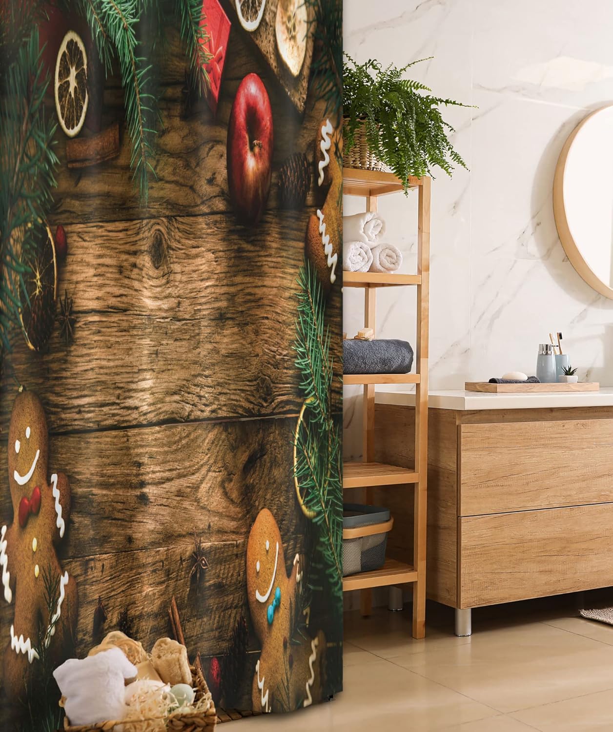 Ambesonne Christmas Stall Shower Curtain, Gingerbread Man Gift Box Coniferous Pine Cinnamon Dessert on Rustic Wood Theme, Fabric Bathroom Decor Set with Hooks, 36" W x 72" L, Brown Green