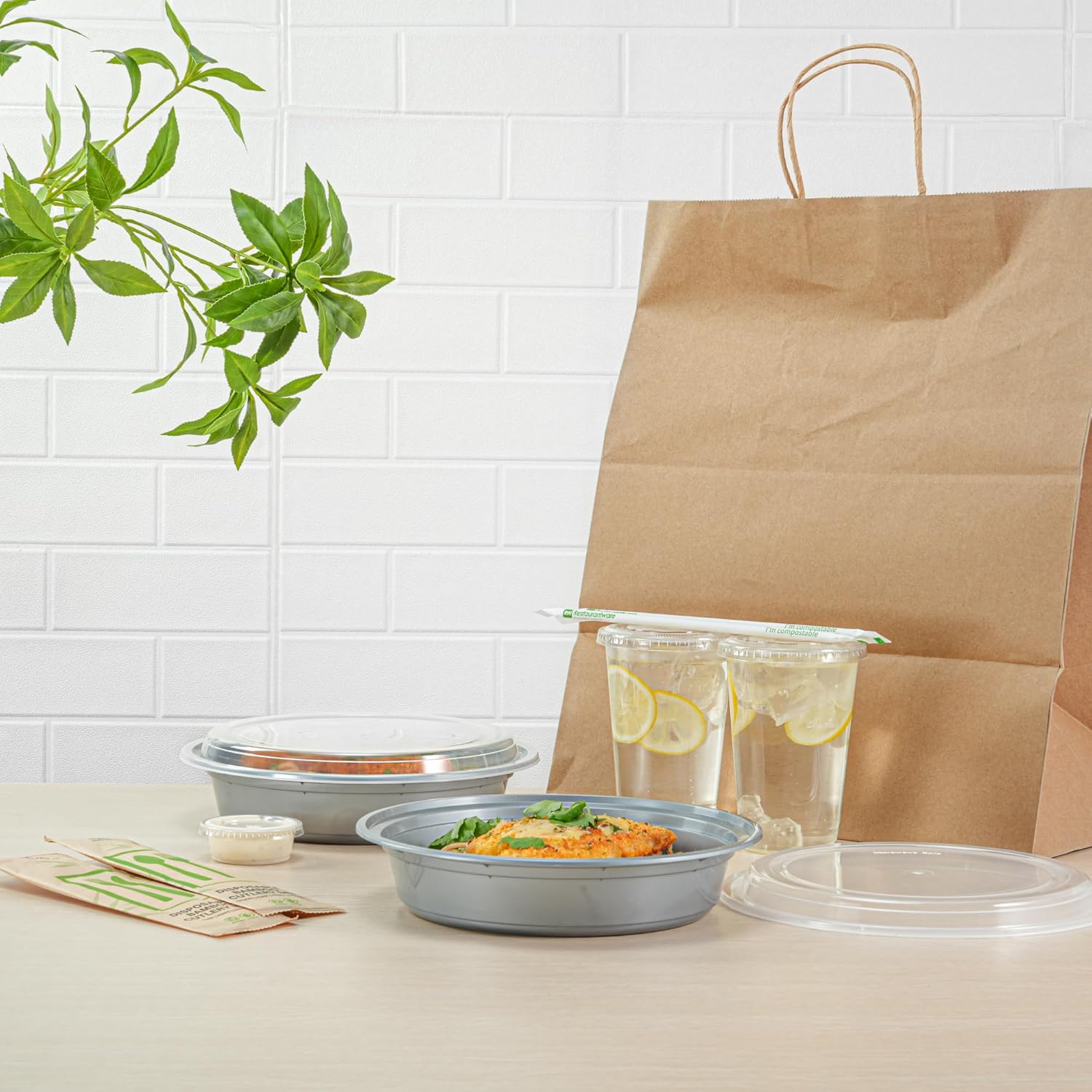Restaurantware-Asporto 48 Ounce Round Take Out Containers, 100 Food Containers with Lids - Microwavable, Disposable, Silver Plastic to Go Boxes for Food, No BPA, for Take Out and Delivery