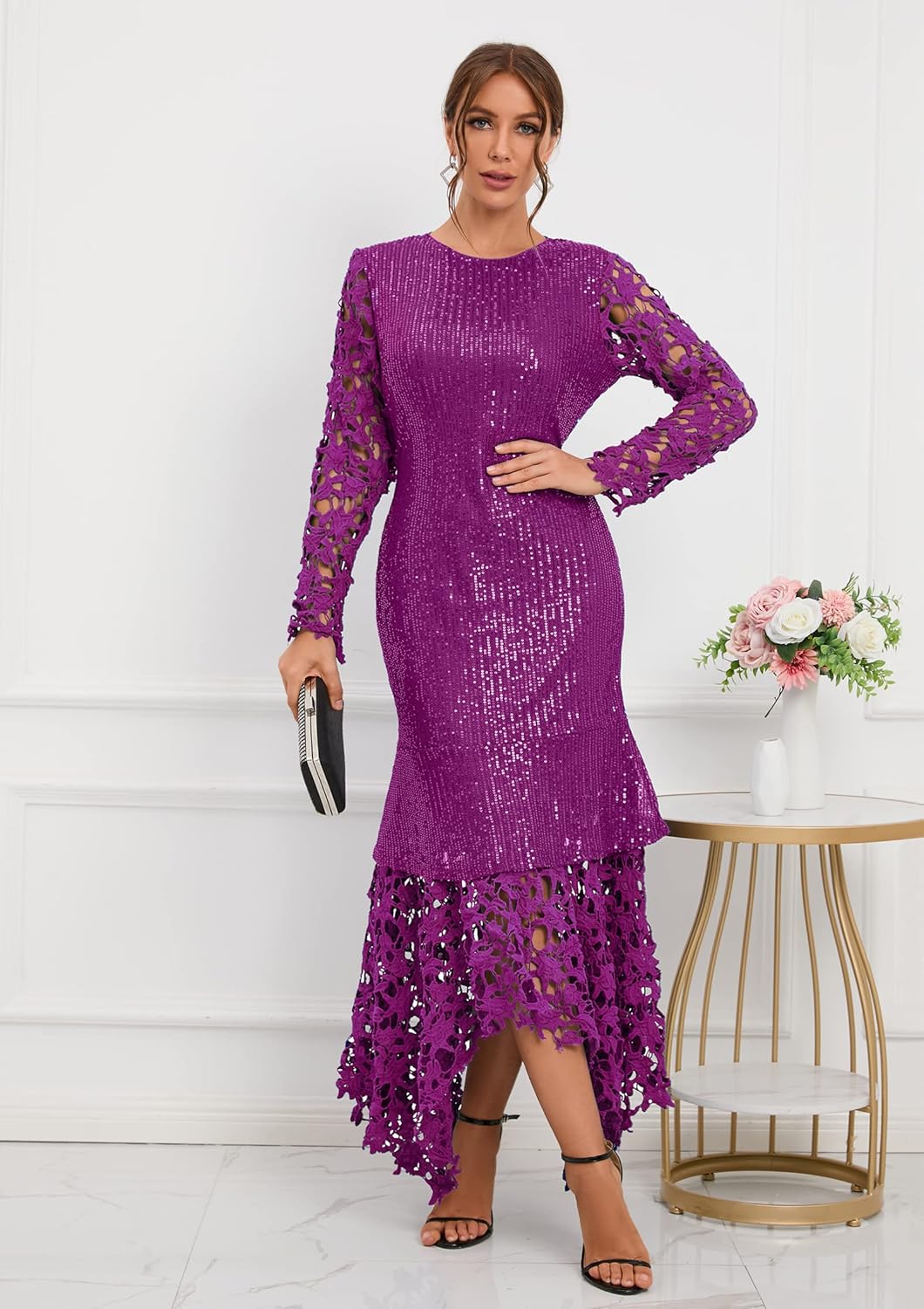 IWFEV Sequins Floor-Length Hollow Asymmetrical Women's Maxi Dress Lace Dress Party Evening Dress - Image 3