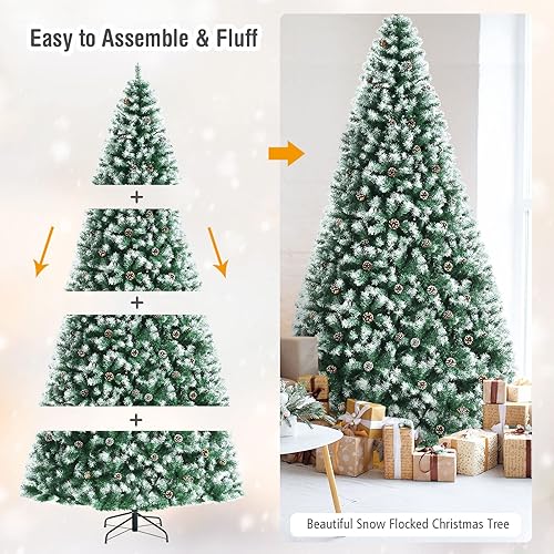 Miniatura 5 de Árbol de Navidad artificial completo de 9 pies con puntas de rama 2028, árbol de Navidad flocado con bisagras con 114 piñas de pino predecoradas,