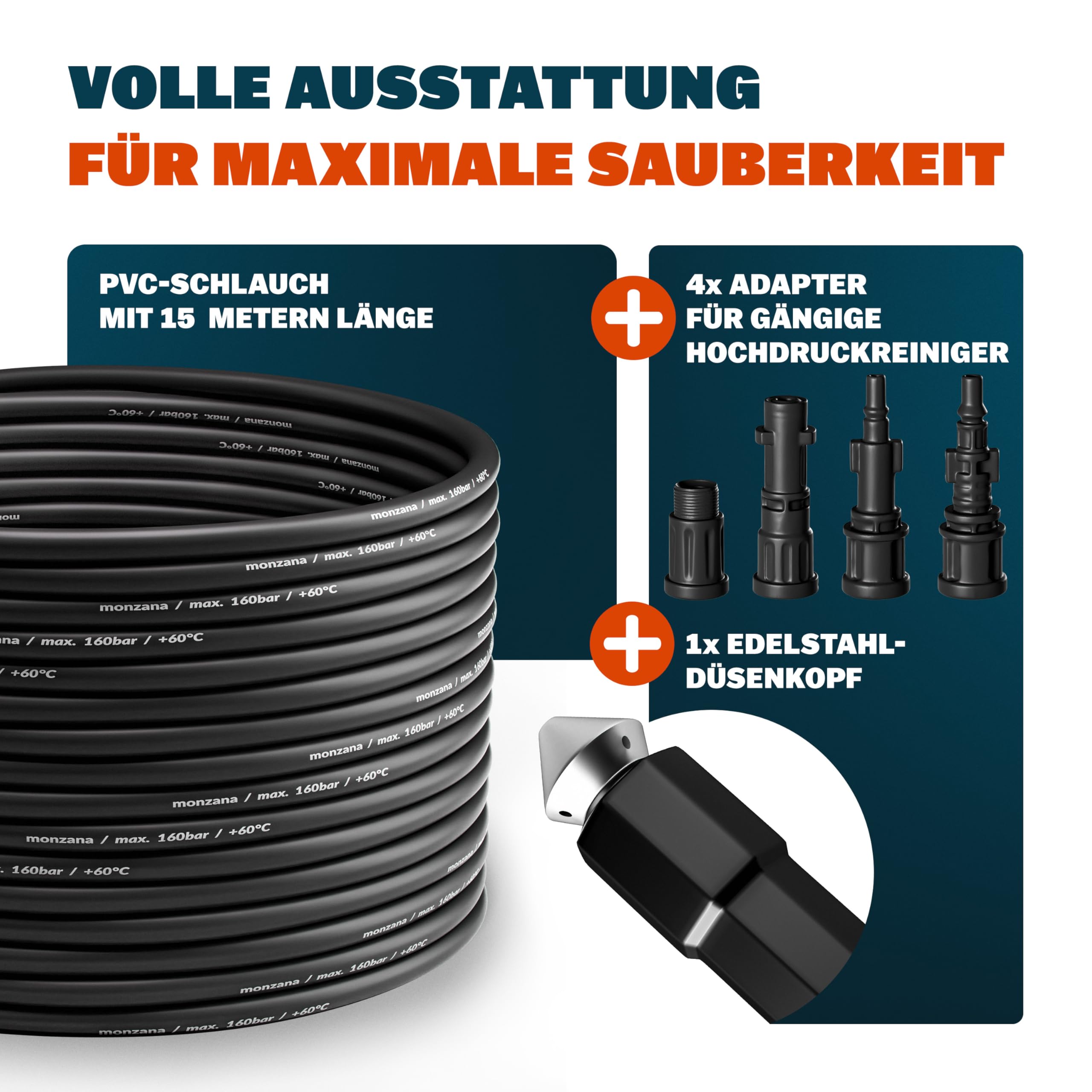 DEUBA® Rohrreinigungsschlauch 15m 160 Bar 4 Adapter Hochdruckreiniger Kärcher K2 K3 K4 K5 K6 K7 Rohrreinigungsset Abflussreiniger Rohrreiniger Schlauch