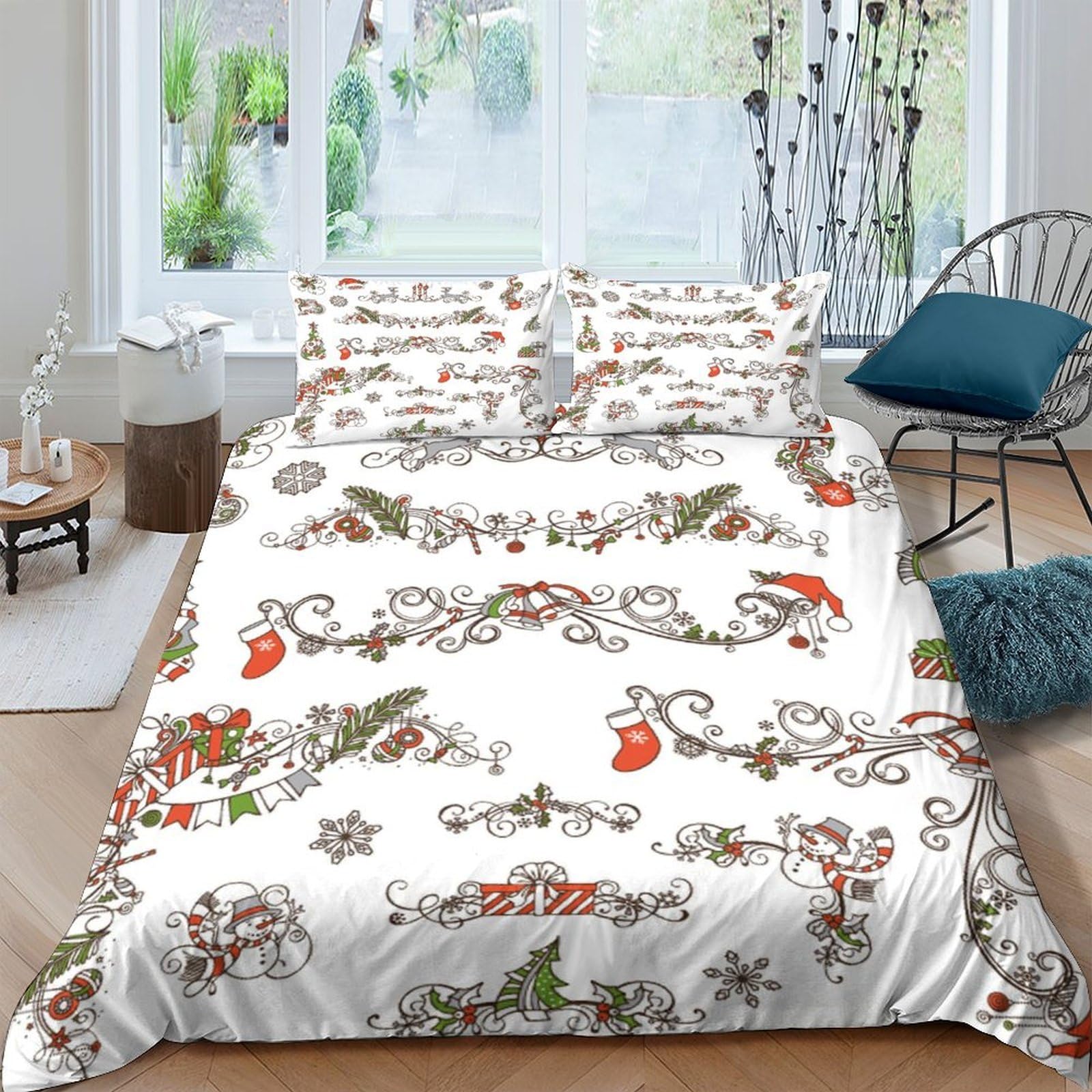 GPLZQXKJNH 3D Printed Christmas Reindeer Duvet Cover Set Microfiber Soft Breathable Nordic Snowflake Bedding with 2 Pillowcases for Bedroom Decor Single（135x200cm）