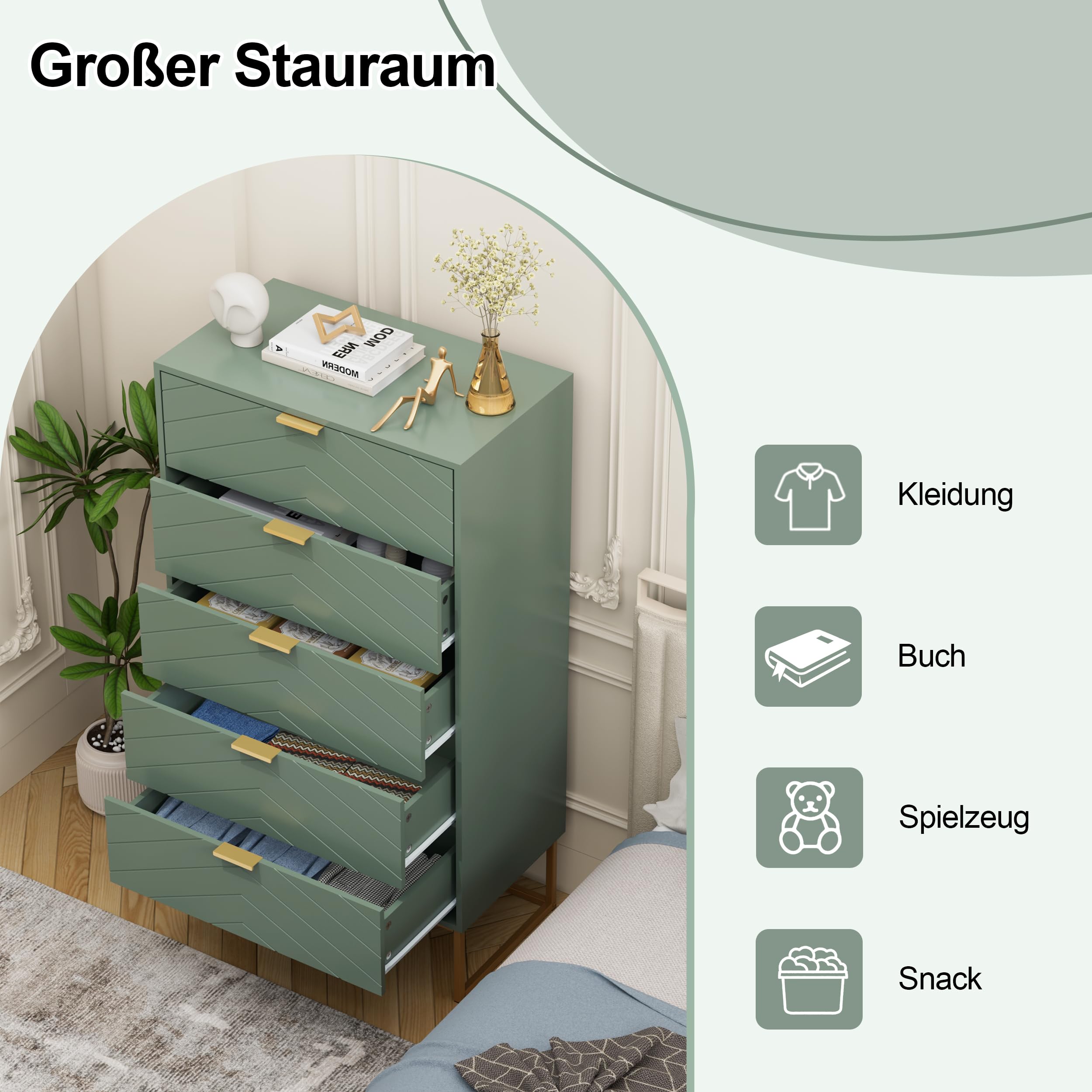UEV Kommode mit 5 Schubladen Schrank Holz mit Kippsicherung Metallfuß Highboard Sideboard Schmal kommode Beistellschrank für Wohnzimmer Schlafzimmer,Flur 60x34x110cm (grün)