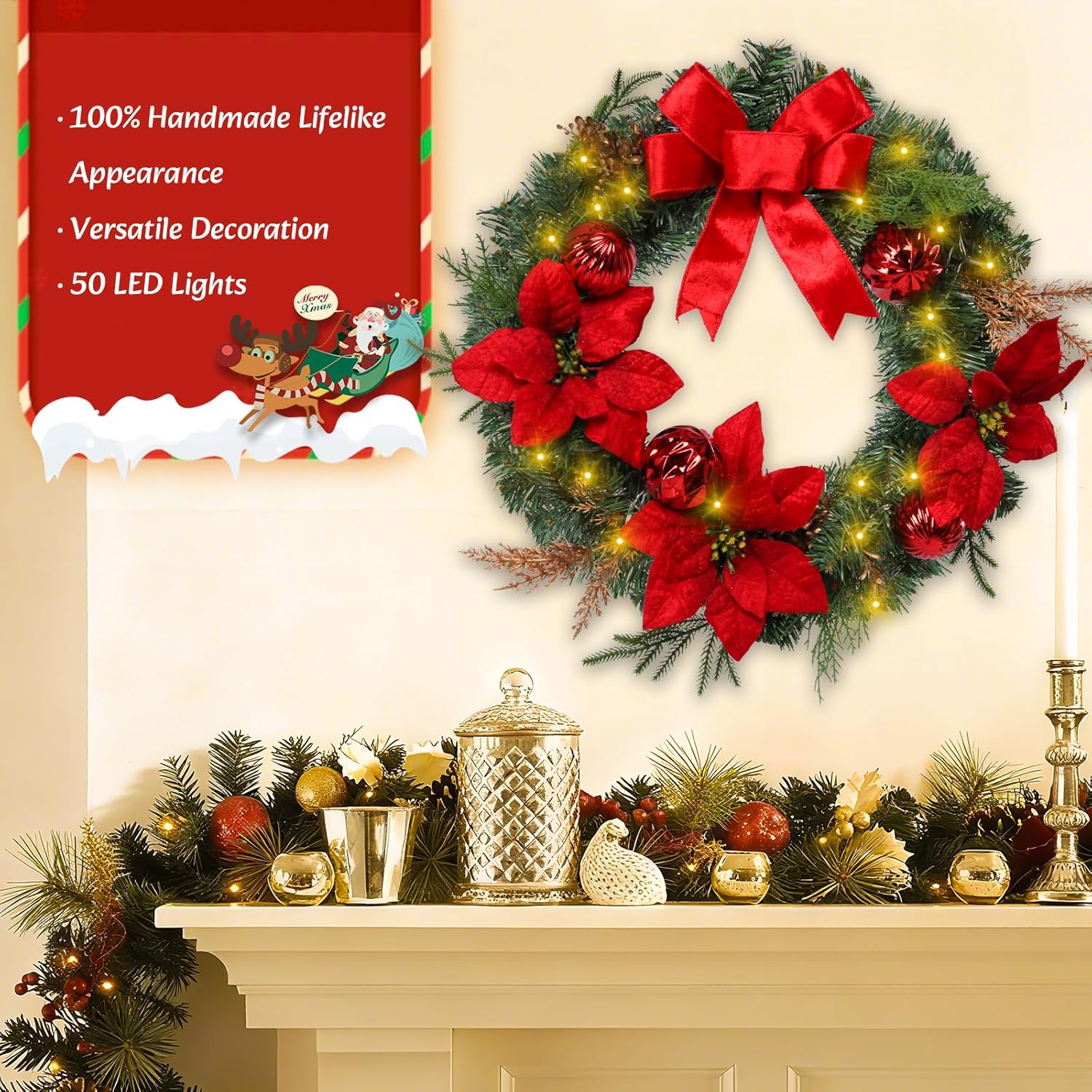 Christmas Wreaths for Front Door 20Inch Christmas Wreath with 50 LED Lights Xmas Door Wreath with Poinsettia for Outdoor Indoor Holiday Home Decoration Xmas Decor Pre-Lit Artificial Wreaths