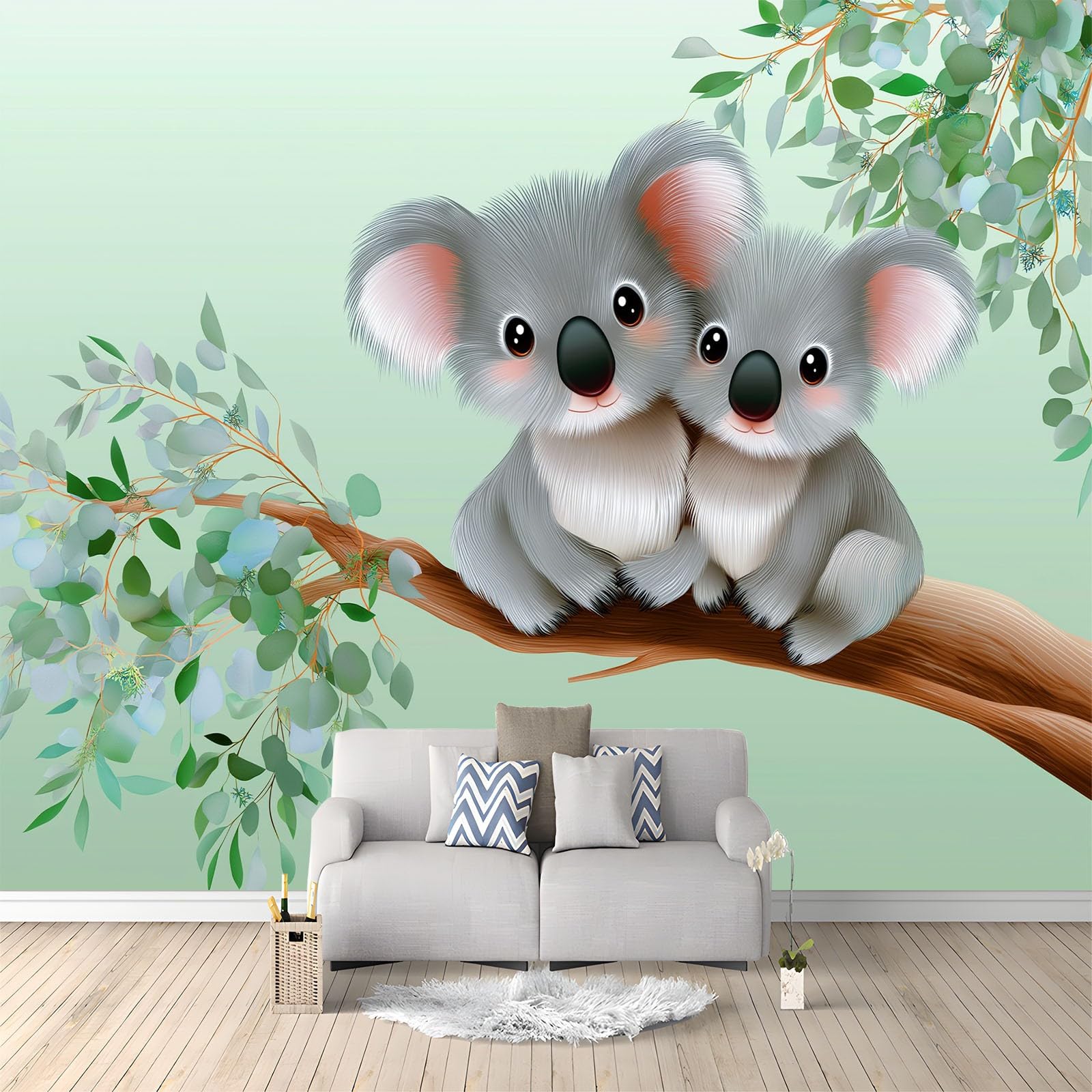 Generico Panoramiczna tapeta XXL kreskówka koala liście roślin, dekoracyjny plakat ścienny szałwiowy zielony do pokoju dziecięcego, sypialni i salonu 350 x 256 cm