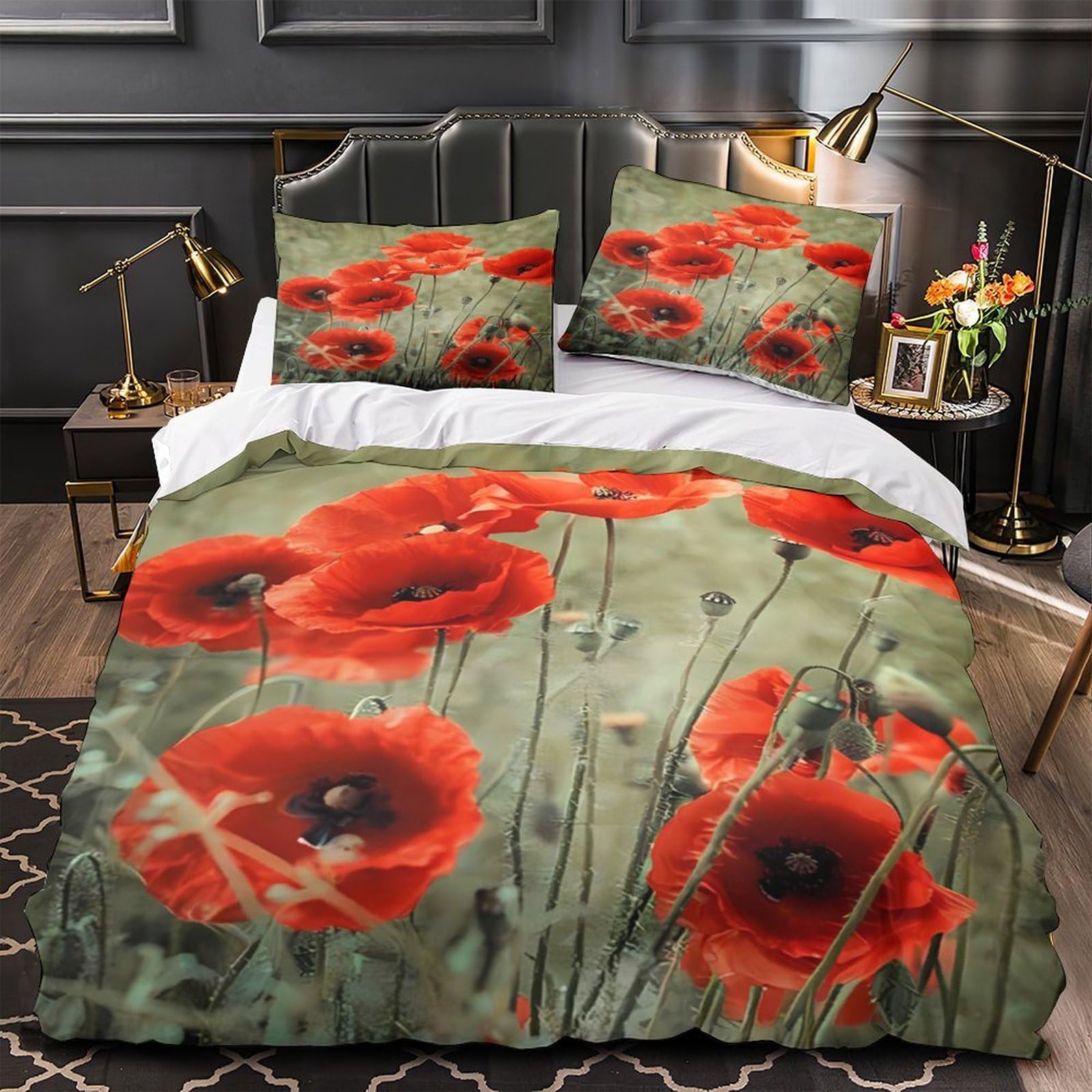 MMDASBVPE Red Poppies Field Quilt Cover 3D Design Printed Wrinkle-Resistant 3 Piece Bed Linen Zipper Duvet Cover Luxurious Anti-allergic for Adults Women Kids Youth Teens Girls Super king（260x220cm）