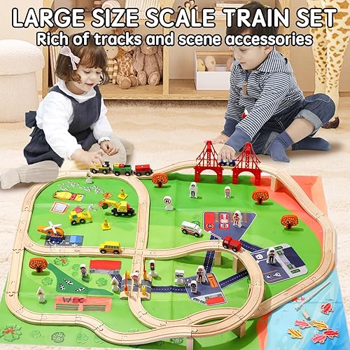 Miniatura 5 de 100 Pcs Wooden Train Track Set, Toy Train with Tracks for Kids Ages 3-10, Compatible with Major Brands, Railway Playset for Boys and Girls Birthday