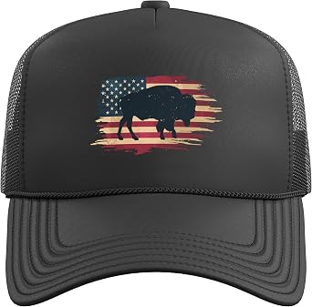 Bison Design American Buffalo American Flag Wild Trucker Hat with Adjustable Mesh Back